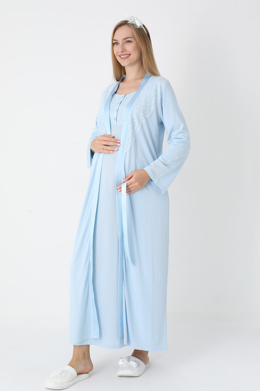 Lace Collar Maternity-Nursing Nightgown & Robe Set Blue - 2302