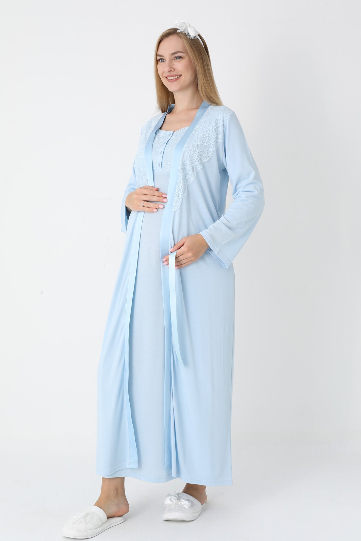 Lace Collar Maternity-Nursing Nightgown & Robe Set Blue - 2302