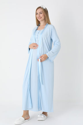Lace Collar Maternity-Nursing Nightgown & Robe Set Blue - 2302
