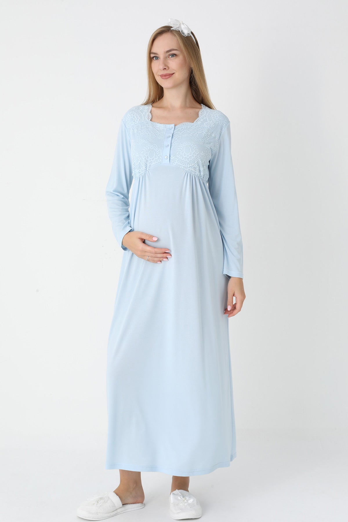 Lace Collar Maternity-Nursing Nightgown & Robe Set Blue - 2302