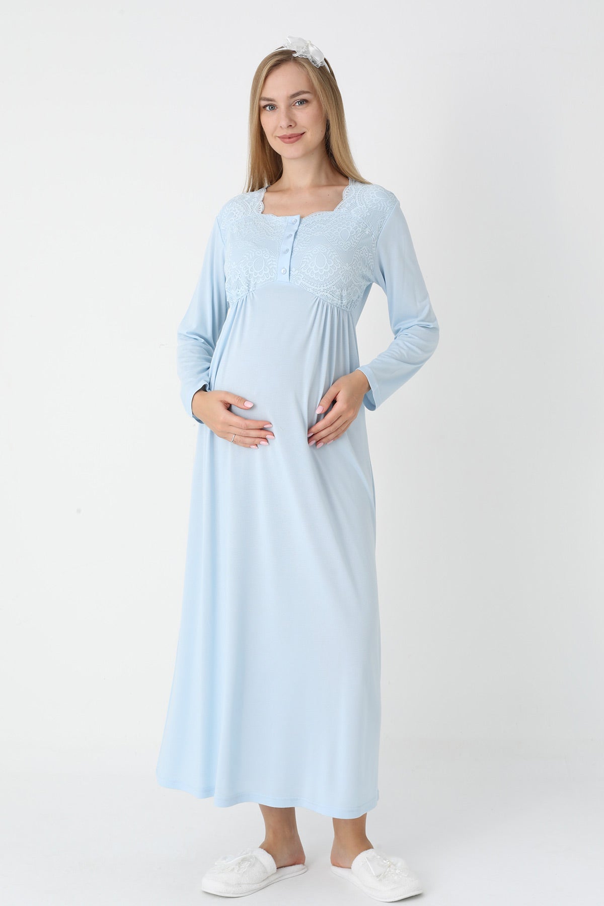 Lace Collar Maternity-Nursing Nightgown & Robe Set Blue - 2302