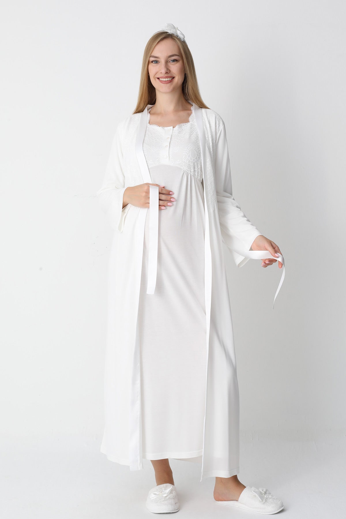 Lace Collar Maternity-Nursing Nightgown & Robe Set Ecru - 2302