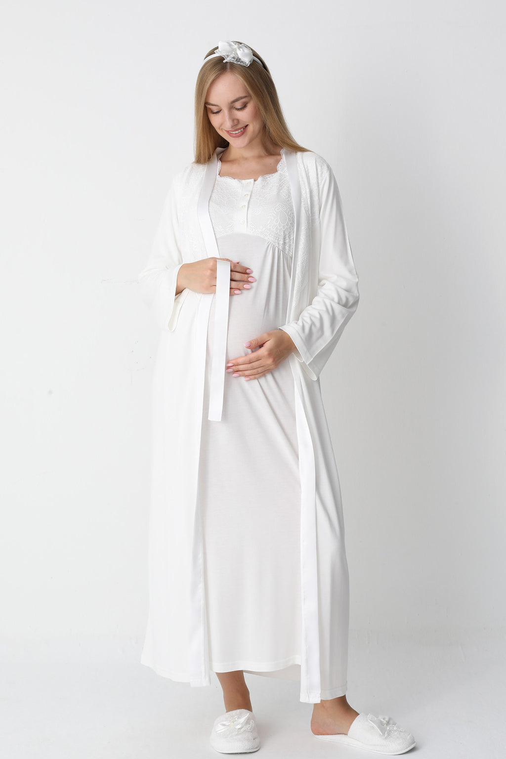 Lace Collar Maternity-Nursing Nightgown & Robe Set Ecru - 2302
