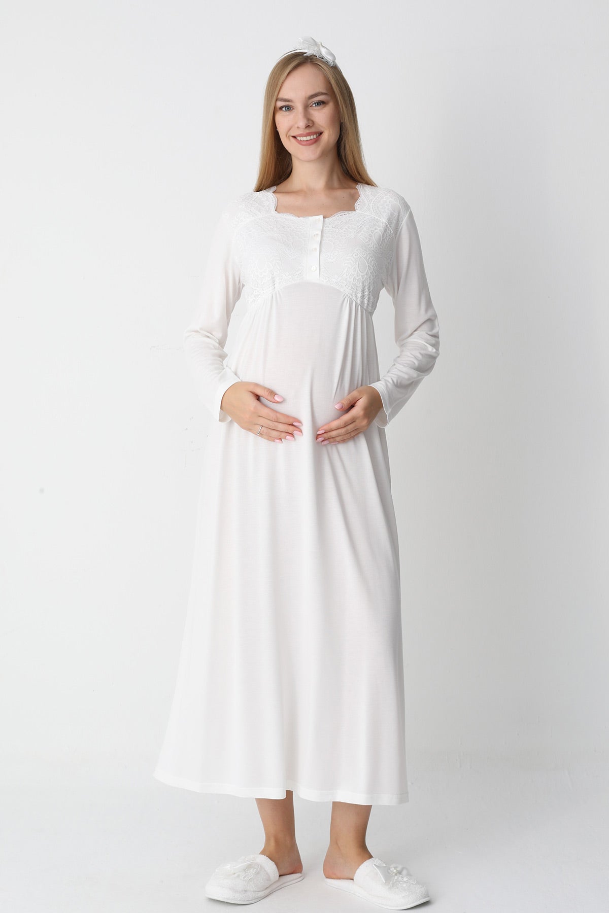 Lace Collar Maternity-Nursing Nightgown & Robe Set Ecru - 2302