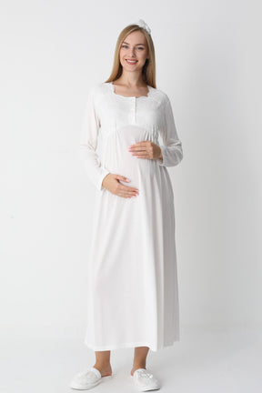 Lace Collar Maternity-Nursing Nightgown & Robe Set Ecru - 2302