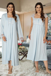 Lace Shoulder Maternity-Nursing Nightgown & Robe Set Blue - 2302