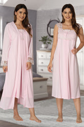 Lace Shoulder Maternity-Nursing Nightgown & Robe Set Pink - 2302