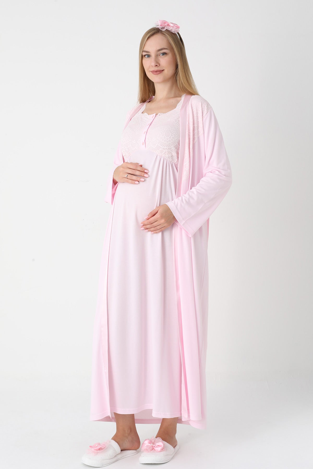 Lace Collar Maternity-Nursing Nightgown & Robe Set Pink - 2302