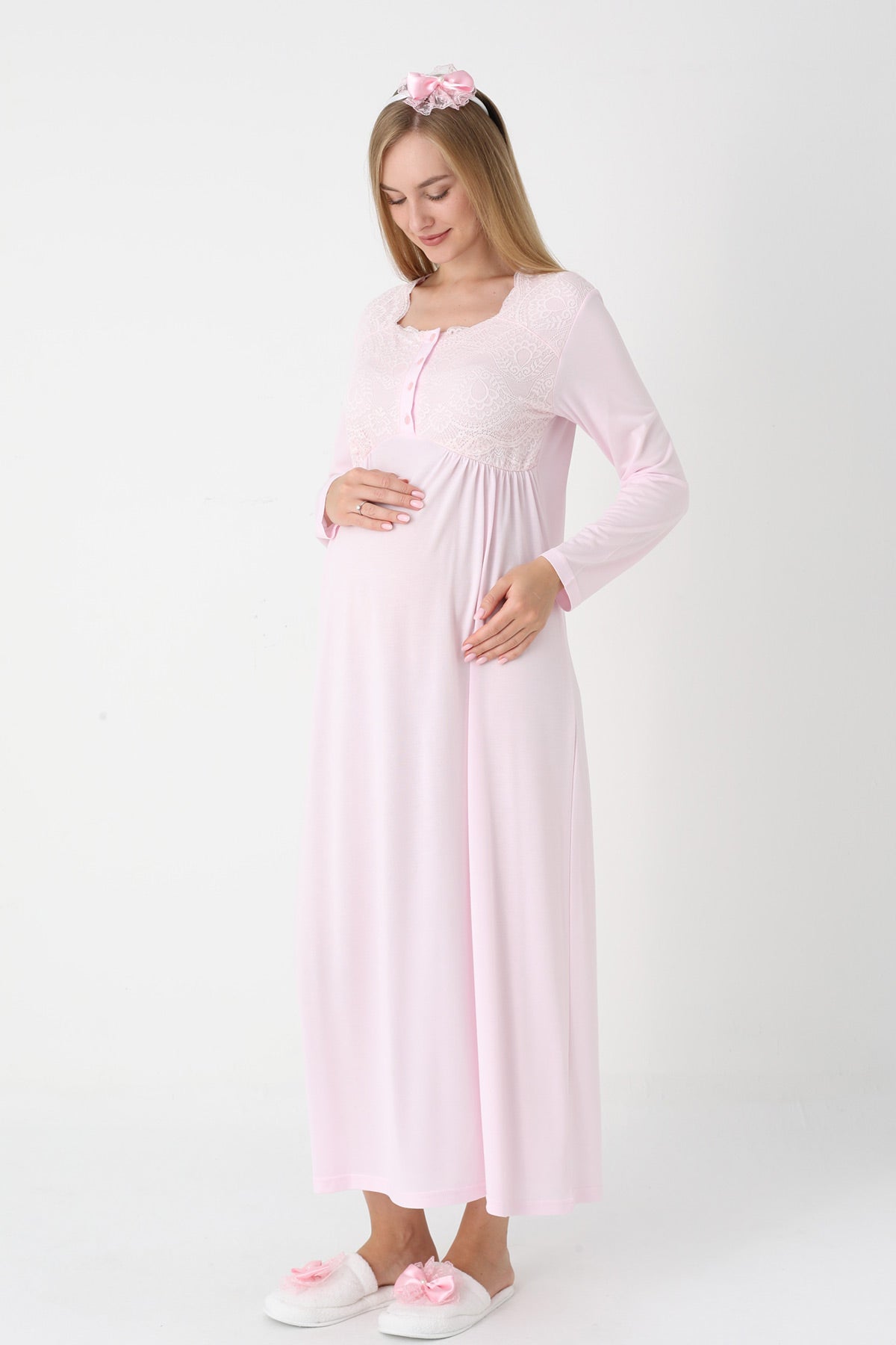 Lace Collar Maternity-Nursing Nightgown & Robe Set Pink - 2302