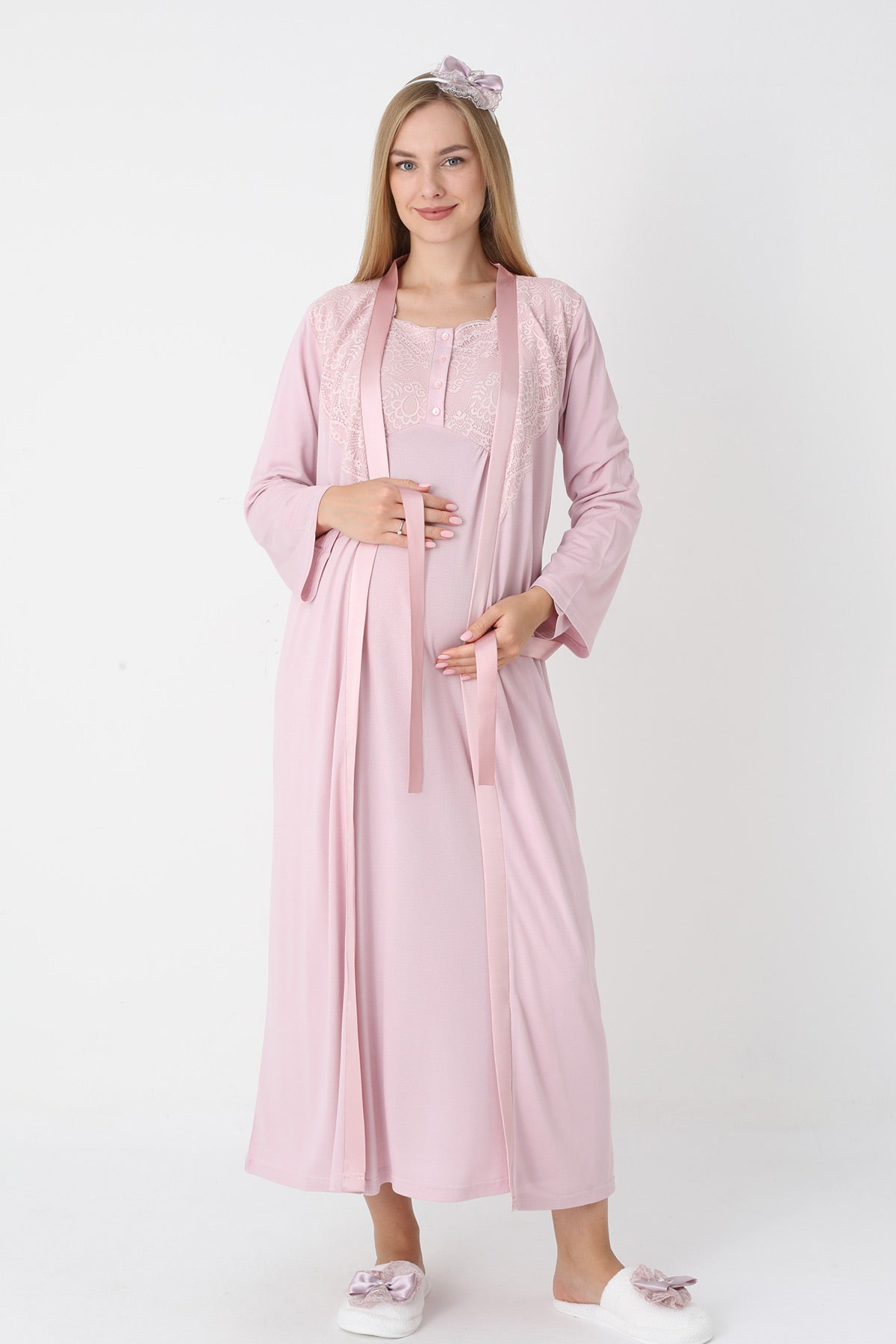 Lace Collar Maternity-Nursing Nightgown & Robe Set Powder - 2302