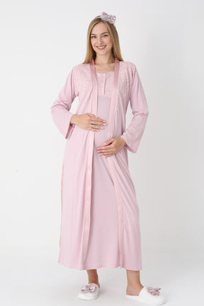 Lace Collar Maternity-Nursing Nightgown & Robe Set Powder - 2302