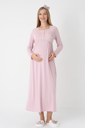 Lace Collar Maternity-Nursing Nightgown & Robe Set Powder - 2302