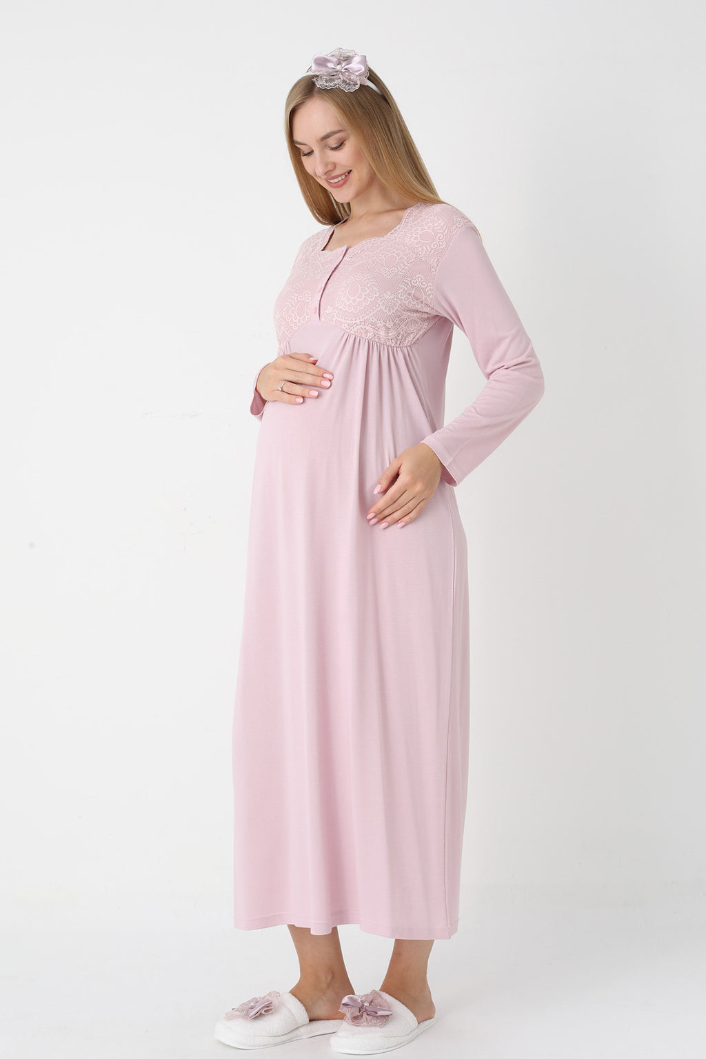 Lace Collar Maternity-Nursing Nightgown & Robe Set Powder - 2302