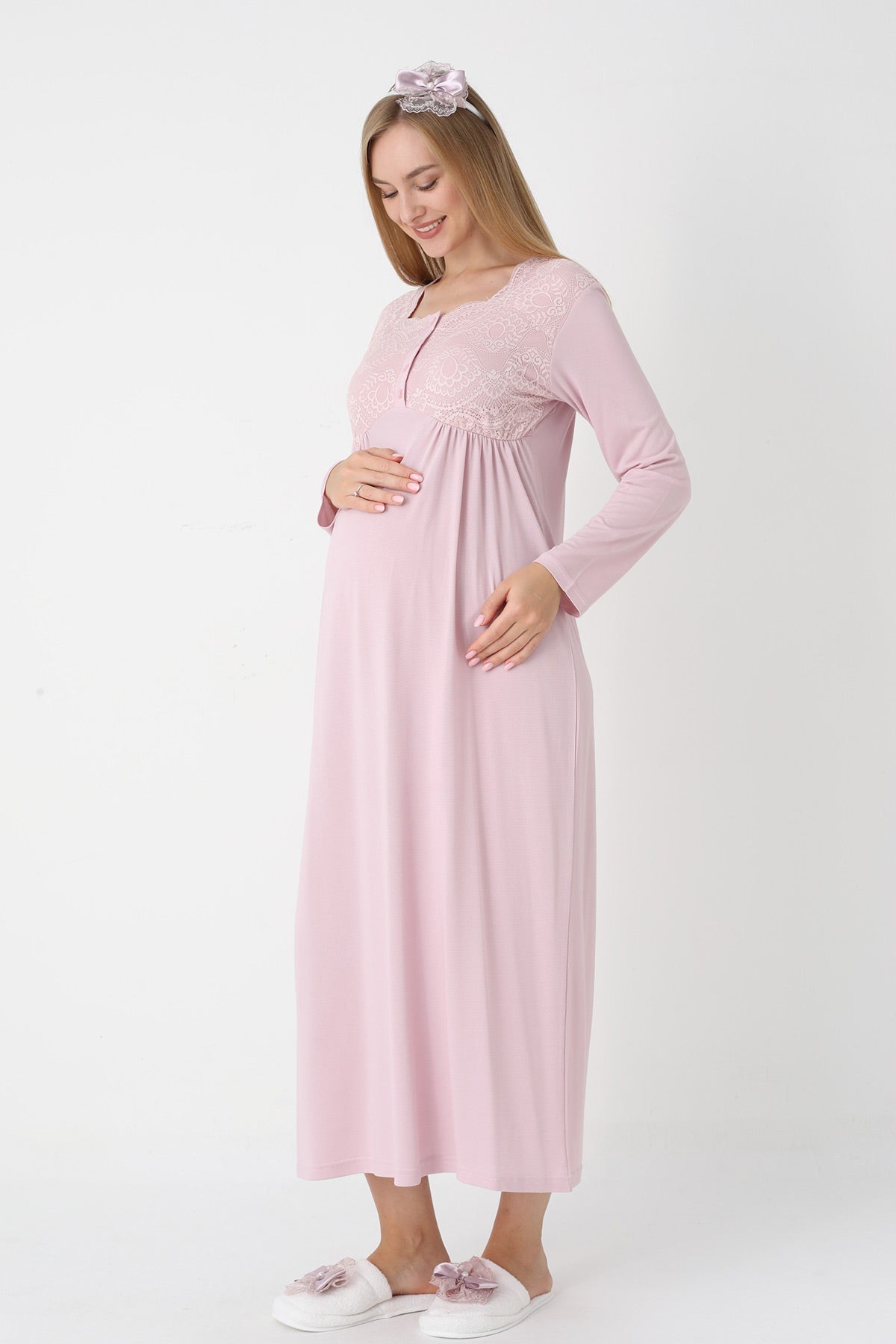 Lace Collar Maternity-Nursing Nightgown & Robe Set Powder - 2302