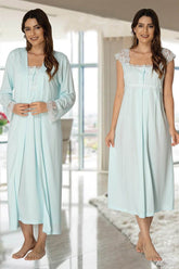 Lace Shoulder Maternity-Nursing Nightgown & Robe Set Turquoise - 2302