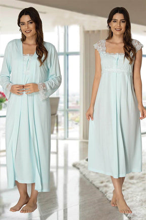 Lace Shoulder Maternity-Nursing Nightgown & Robe Set Turquoise - 2302