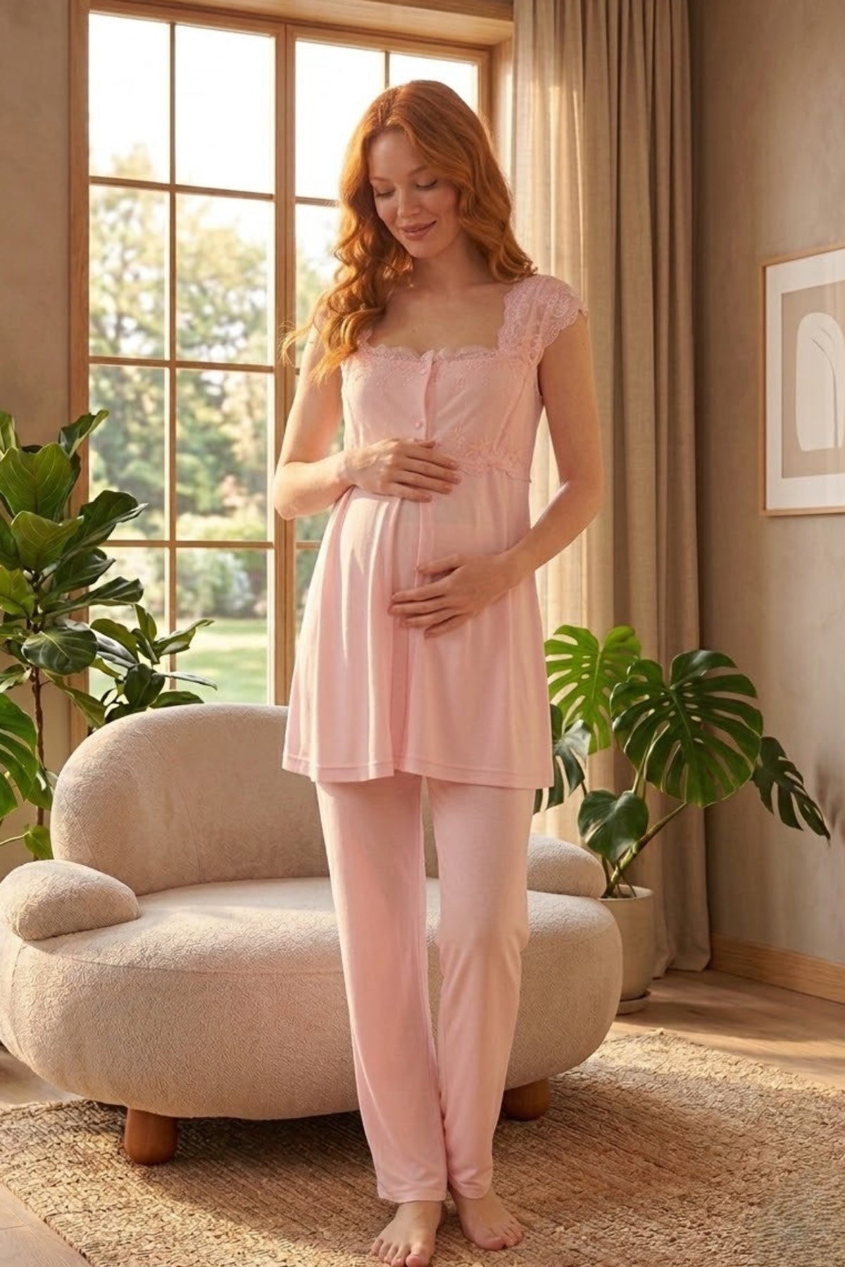 Lace Shoulder Maternity & Nursing Pajama Set Pink - 2303