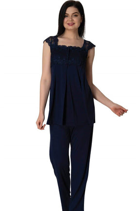Lace Shoulder 3-Piece Maternity-Nursing Pajama & Robe Set Navy Blue - 2301
