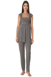 Lace Shoulder Maternity & Nursing Pajama Set Anthracite - 2303