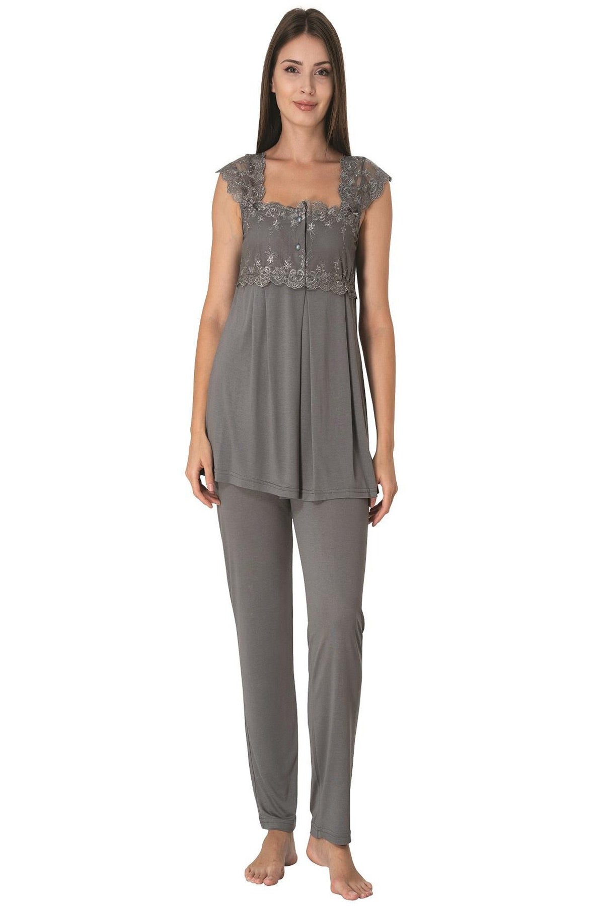 Lace Shoulder 3-Piece Maternity-Nursing Pajama & Robe Set Anthracite - 2301