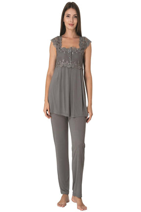 Lace Shoulder 3-Piece Maternity-Nursing Pajama & Robe Set Anthracite - 2301