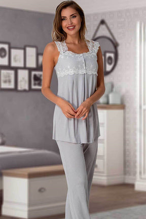 Lace Shoulder 4 Piece Maternity-Nursing Set Grey - 2305