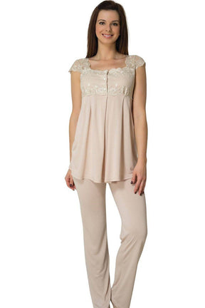 Lace Shoulder 3-Piece Maternity-Nursing Pajama & Robe Set Coffee - 2301