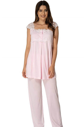 Lace Shoulder 3-Piece Maternity-Nursing Pajama & Robe Set Pink - 2301