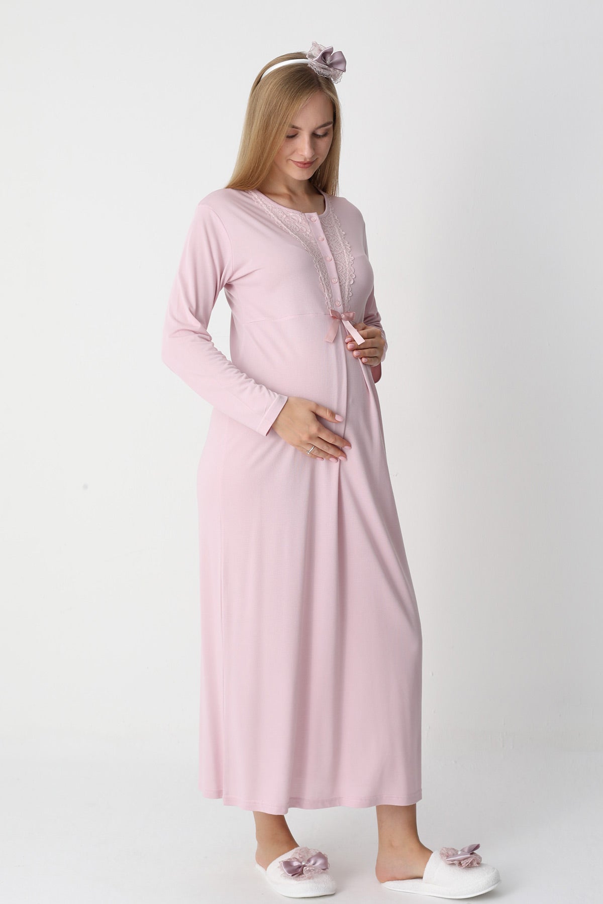 Lace Collar Maternity-Nursing Nightgown & Flywheel Arm Robe Set Powder - 2303