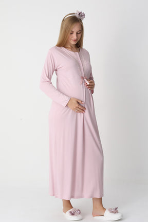 Lace Collar Maternity-Nursing Nightgown & Flywheel Arm Robe Set Powder - 2303