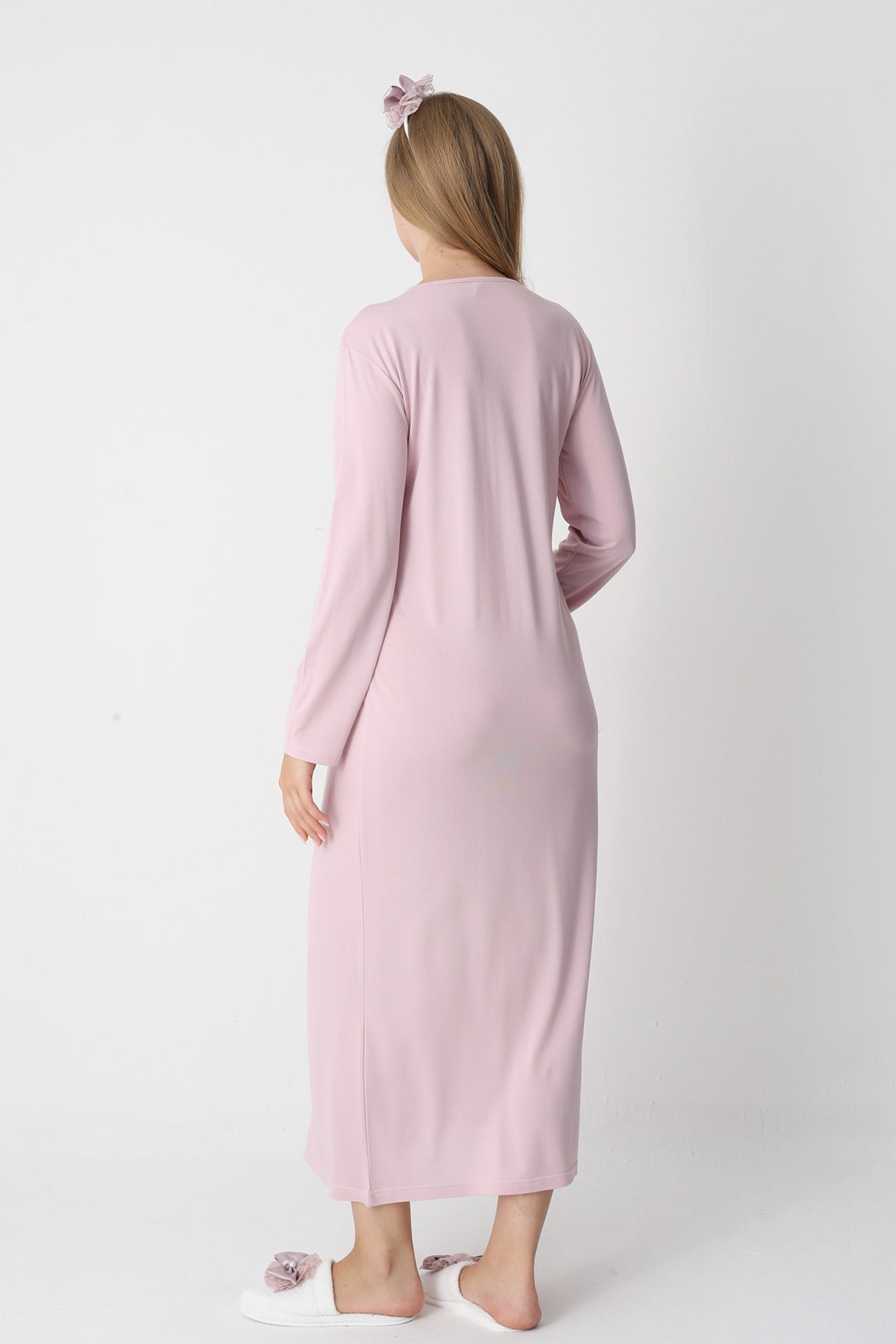 Lace Collar Maternity-Nursing Nightgown & Flywheel Arm Robe Set Powder - 2303