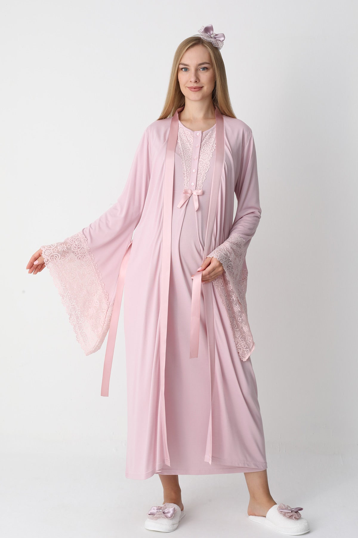 Lace Collar Maternity-Nursing Nightgown & Flywheel Arm Robe Set Powder - 2303