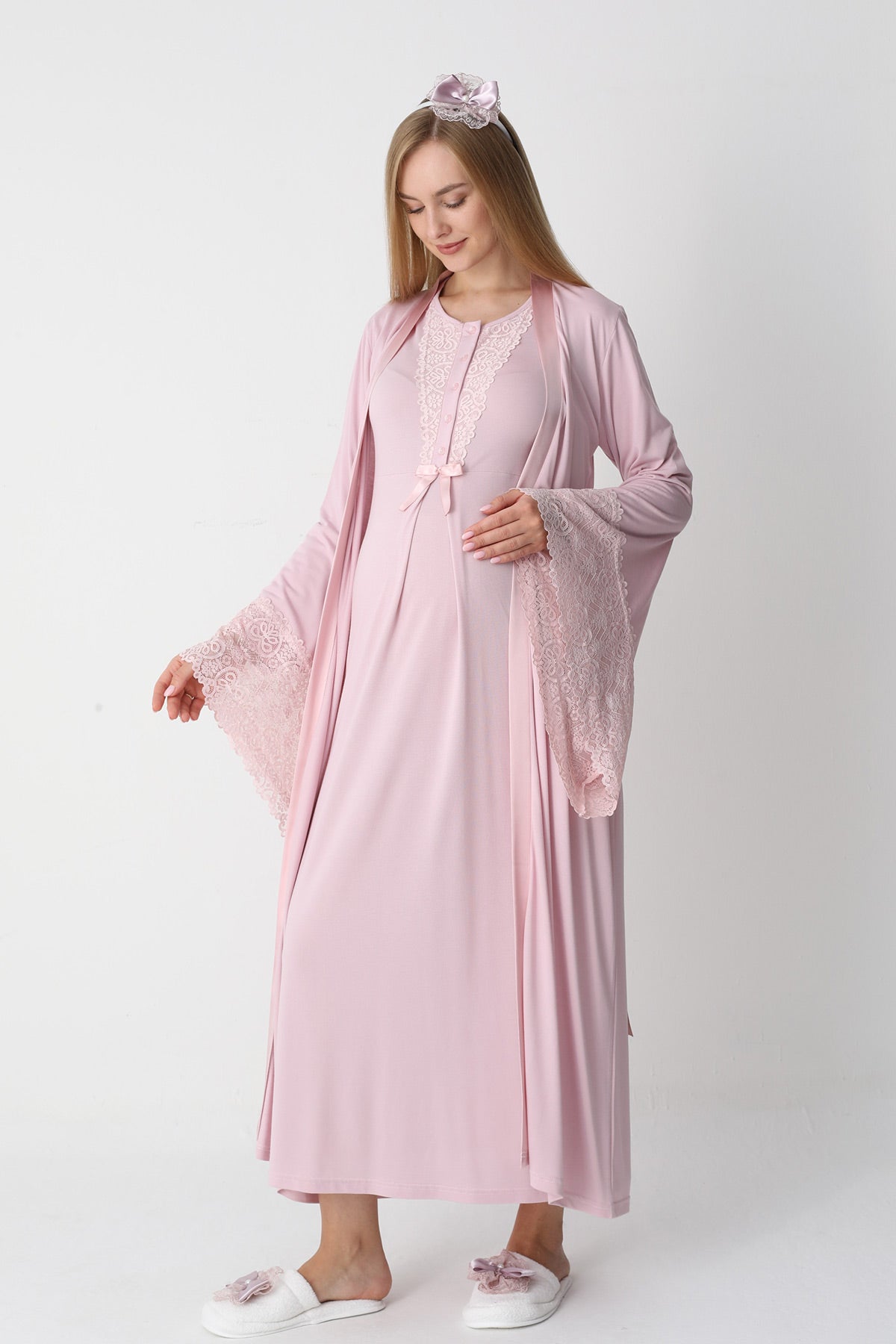 Lace Collar Maternity-Nursing Nightgown & Flywheel Arm Robe Set Powder - 2303