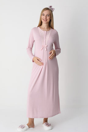 Lace Collar Maternity-Nursing Nightgown & Flywheel Arm Robe Set Powder - 2303