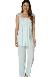 Lace Shoulder Maternity & Nursing Pajama Set Turquoise - 2303
