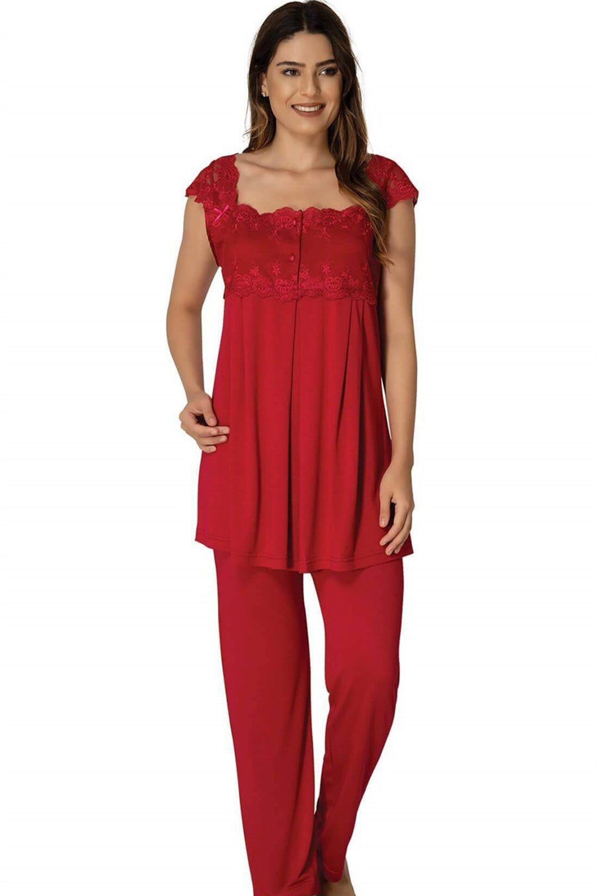 Lace Shoulder Maternity & Nursing Pajama Set Cherry - 2303