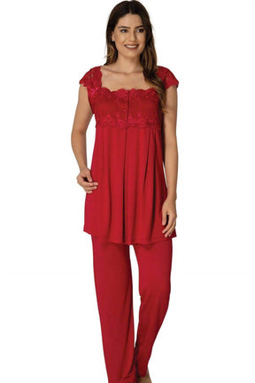 Lace Shoulder 3-Piece Maternity-Nursing Pajama & Robe Set Cherry - 2301