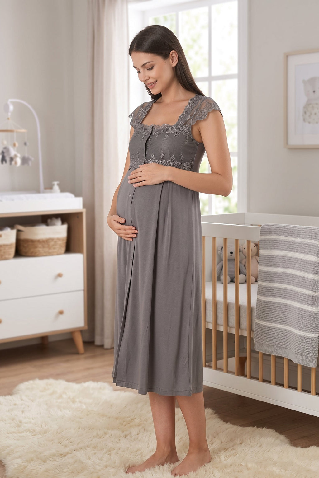 Lace Shoulder Maternity & Nursing Nightgown Anthracite - 2304