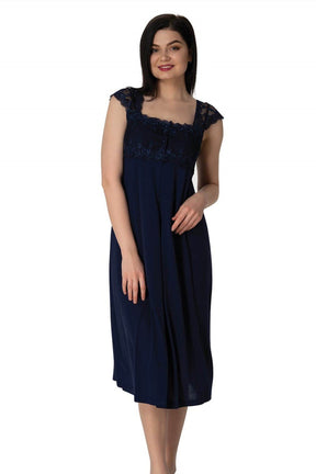 Lace Shoulder Maternity-Nursing Nightgown & Robe Set Navy Blue - 2302
