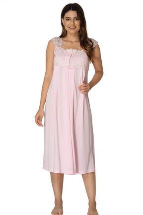 Lace Shoulder Maternity-Nursing Nightgown & Robe Set Pink - 2302