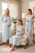 Lace Shoulder 4-Piece Maternity-Nursing Set Blue - 2305