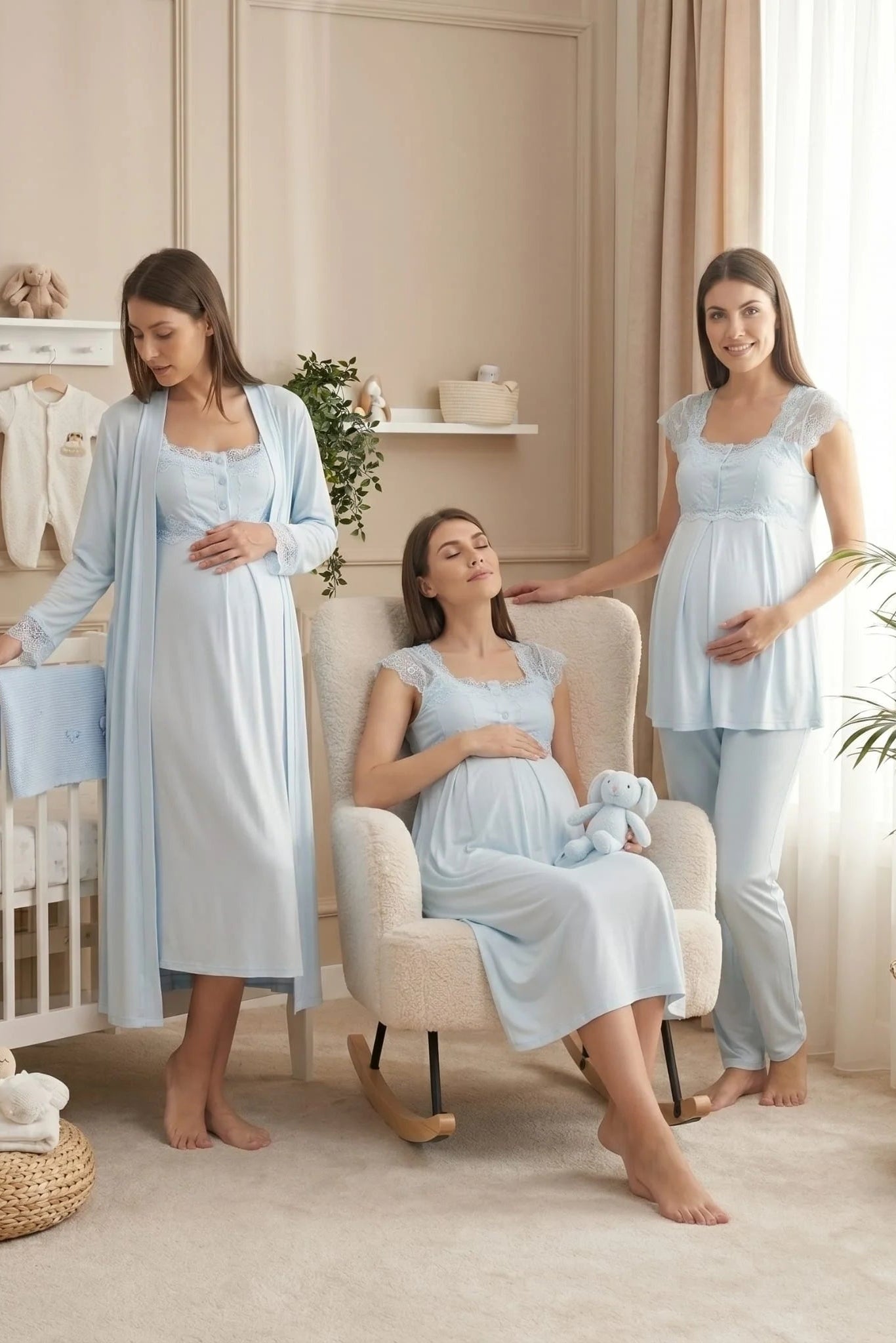 Lace Shoulder 4-Piece Maternity-Nursing Set Blue - 2305