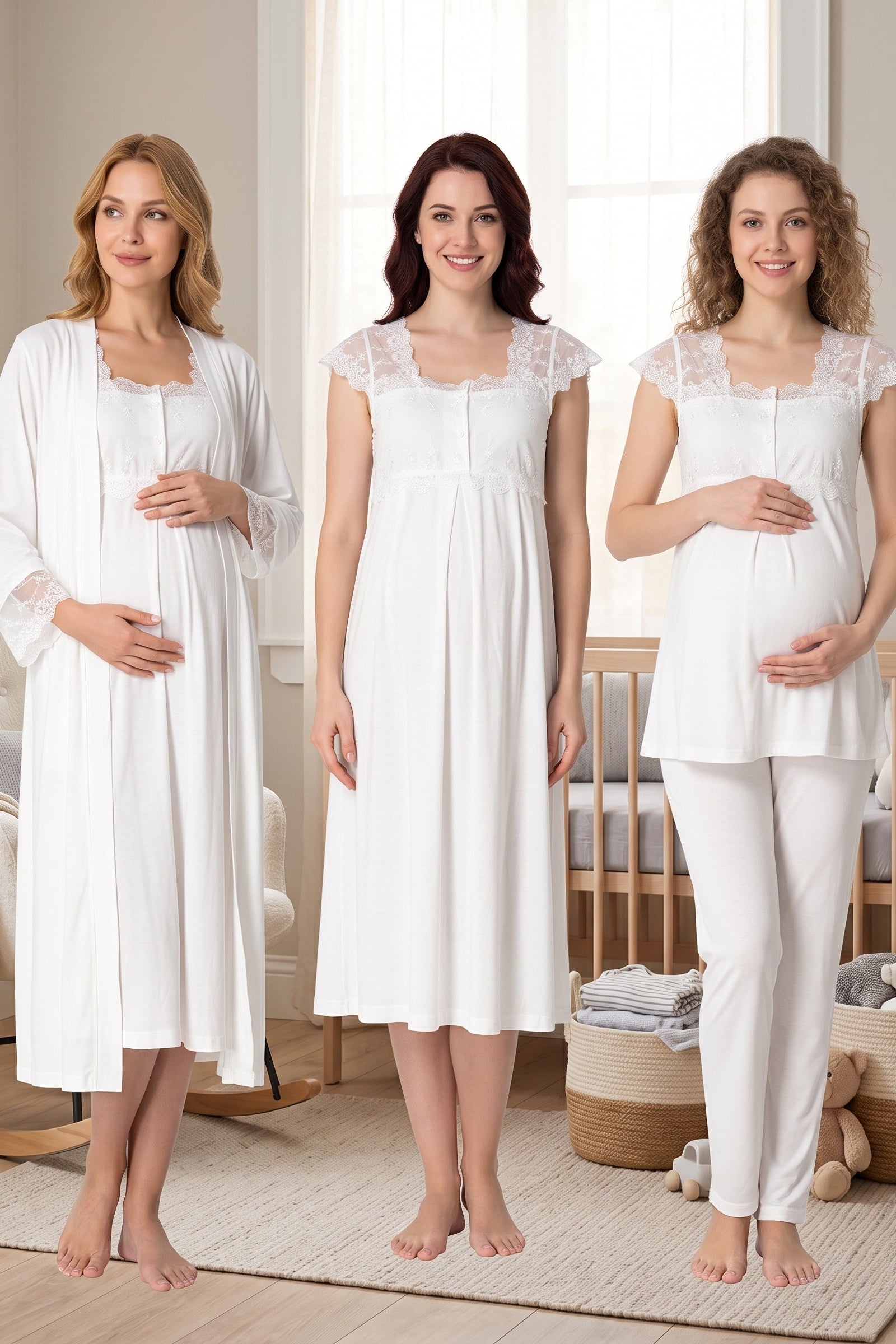 Lace Shoulder 4-Piece Maternity-Nursing Set Ecru - 2305