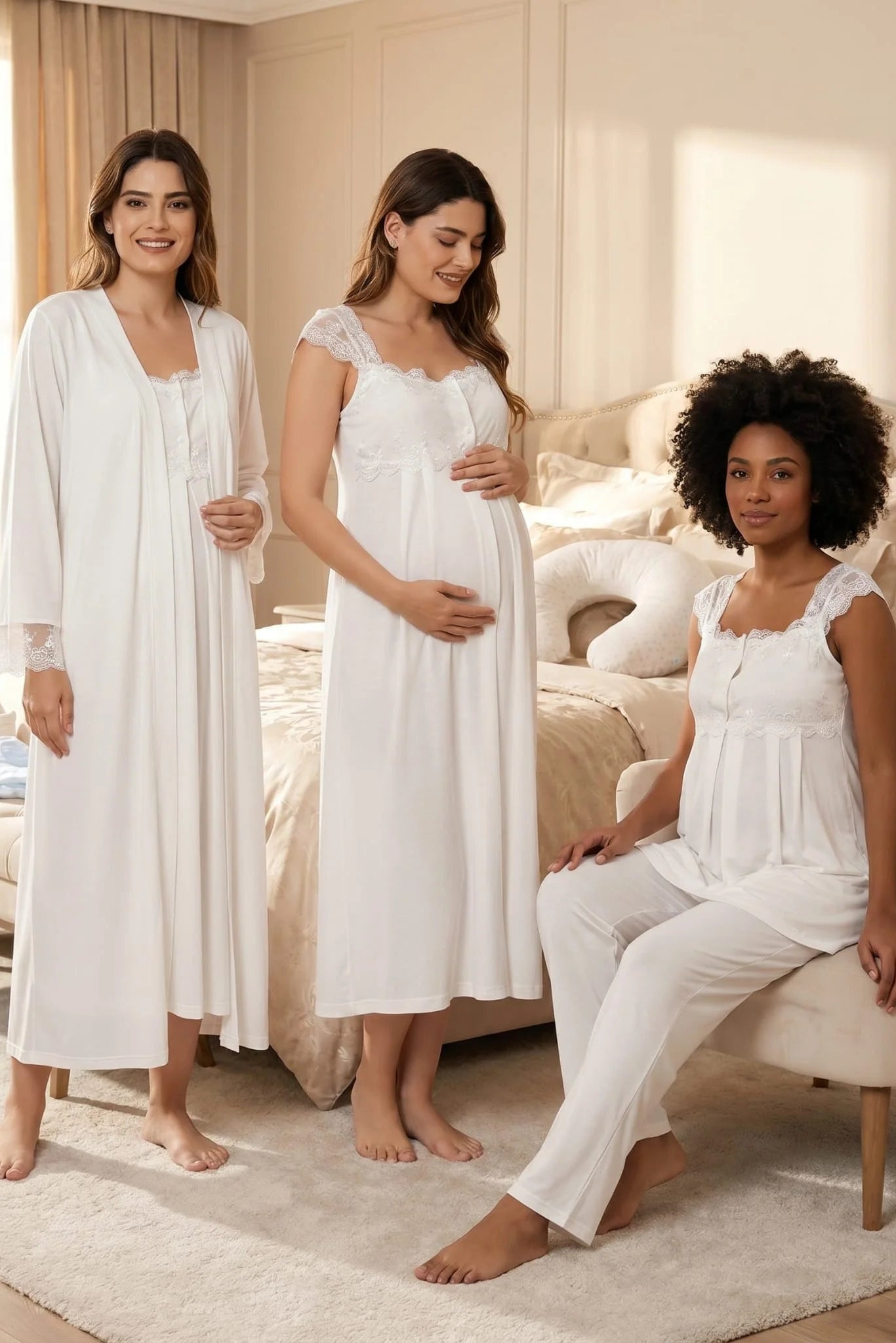 Lace Shoulder 4-Piece Maternity-Nursing Set Ecru - 2305
