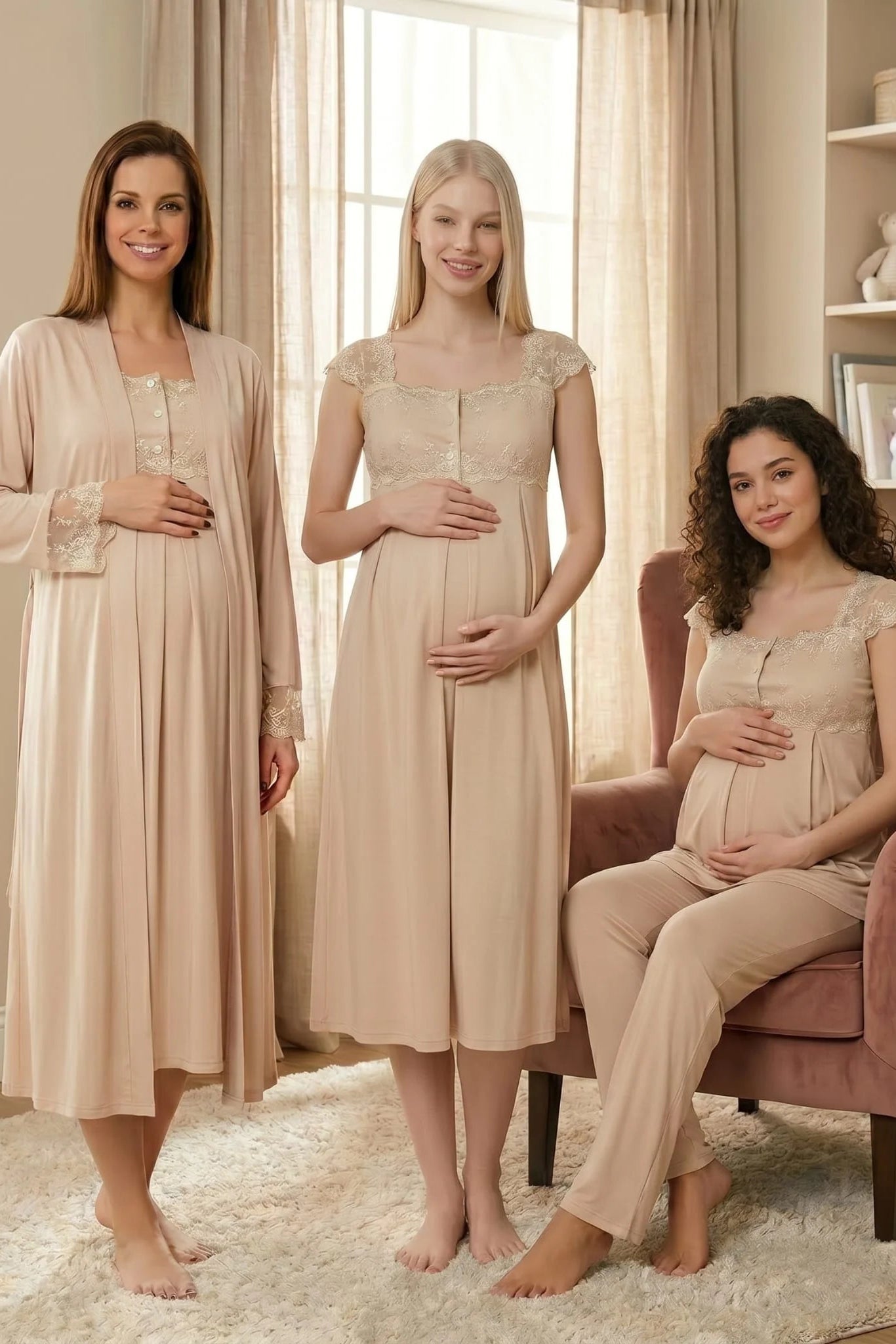 Lace Shoulder 4-Piece Maternity-Nursing Set Mink - 2305