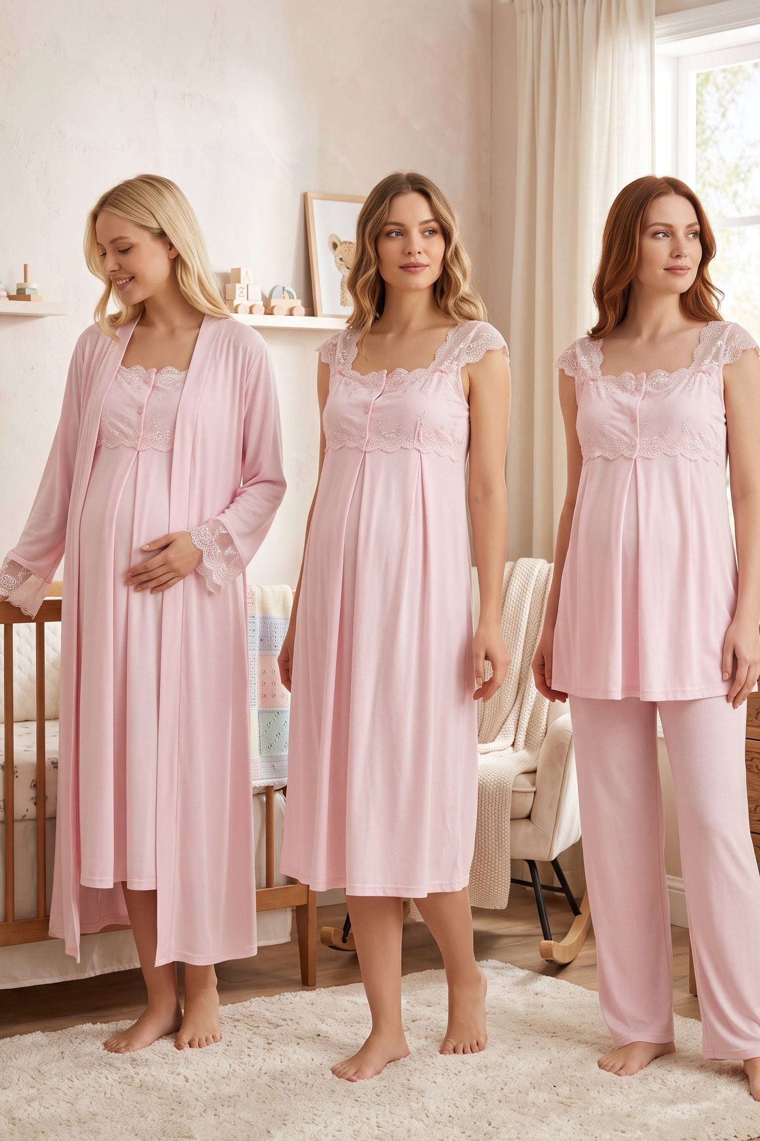 Lace Shoulder 4-Piece Maternity-Nursing Set Pink - 2305
