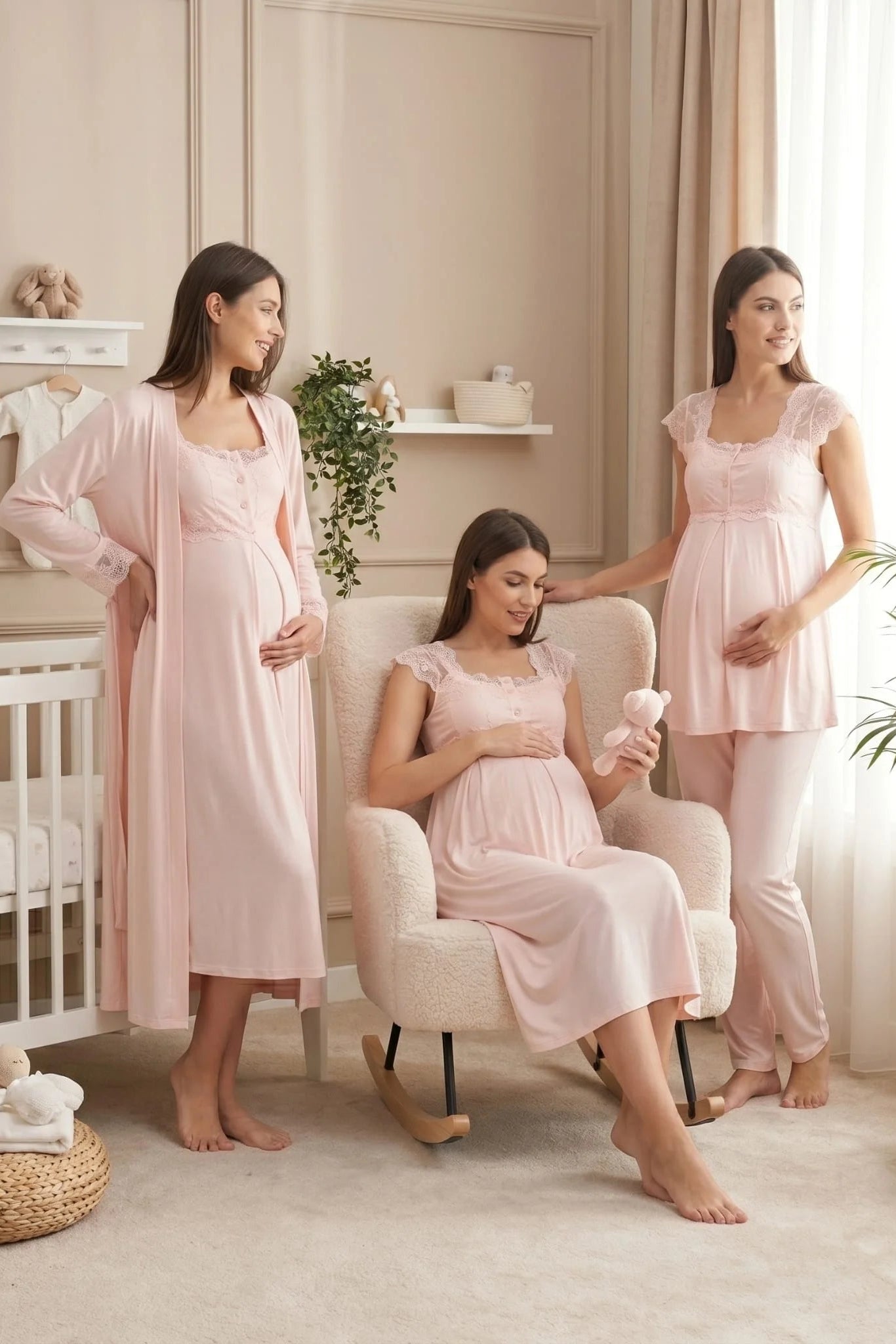 Lace Shoulder 4-Piece Maternity-Nursing Set Pink - 2305