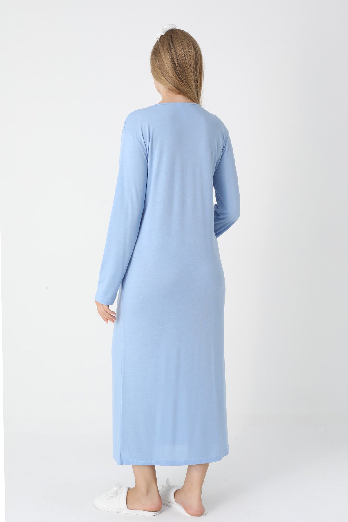 Lace Collar Maternity-Nursing Nightgown & Striped Robe Set Blue - 2305