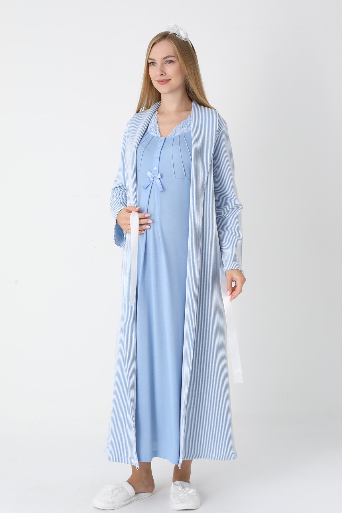Lace Collar Maternity-Nursing Nightgown & Striped Robe Set Blue - 2305