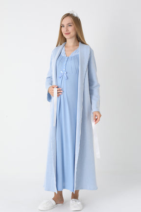 Lace Collar Maternity-Nursing Nightgown & Striped Robe Set Blue - 2305